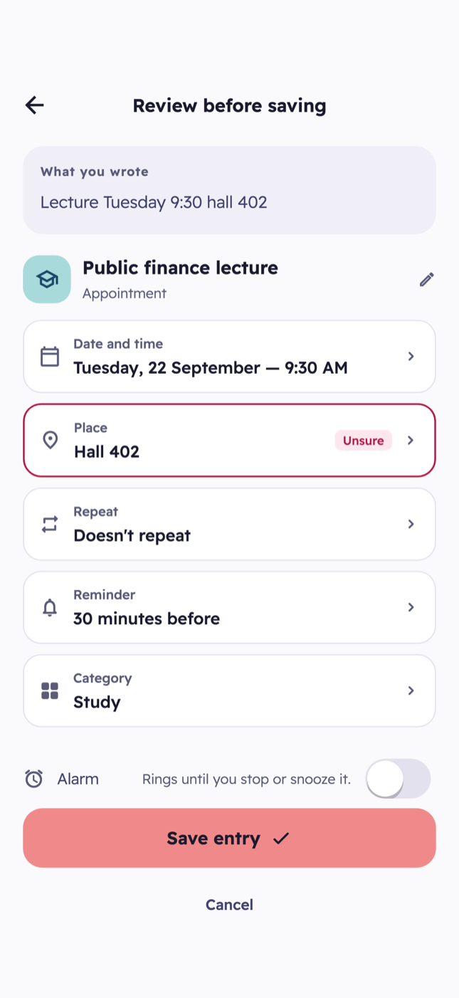 Screenshot of the Review screen in Mawed