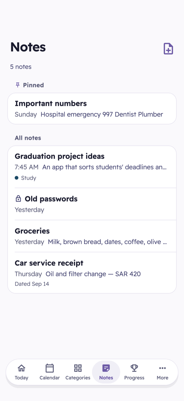 Screenshot of the Notes screen in Mawed